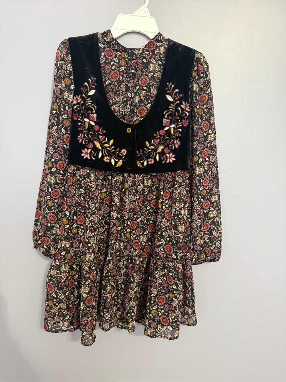 Girls Black Floral Tiered Dress with Embroidered Velvet Yoke